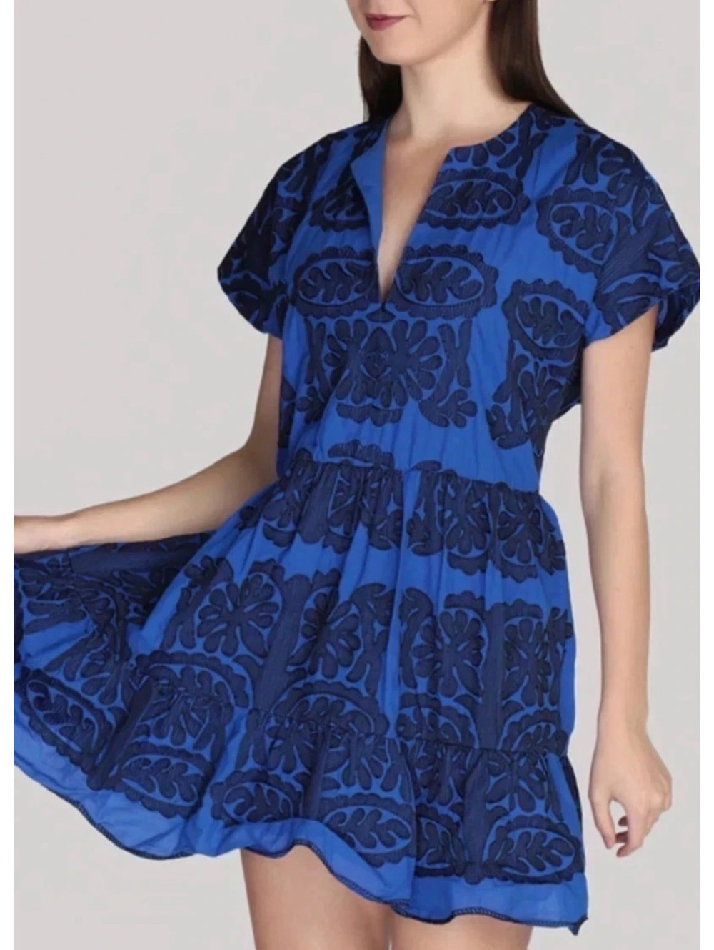 Zara Blue Black Embroidered Cotton Ruffle Hem Mini Peasant Dress XS - Picture 4 of 8